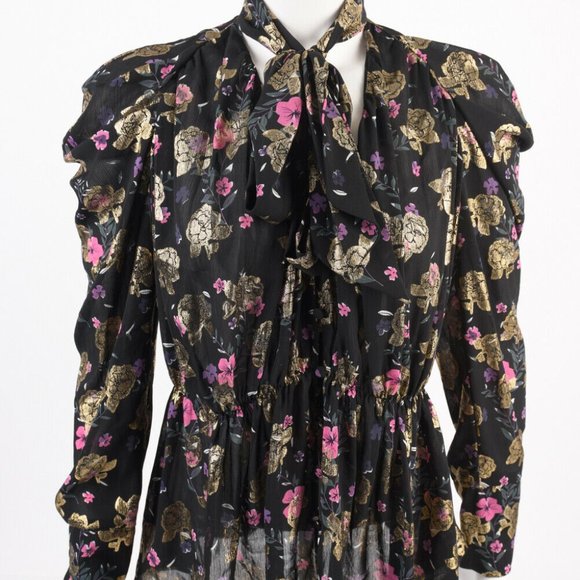 Zara Blouse Shirt XS Tied V-Neck Black Floral - Picture 1 of 7